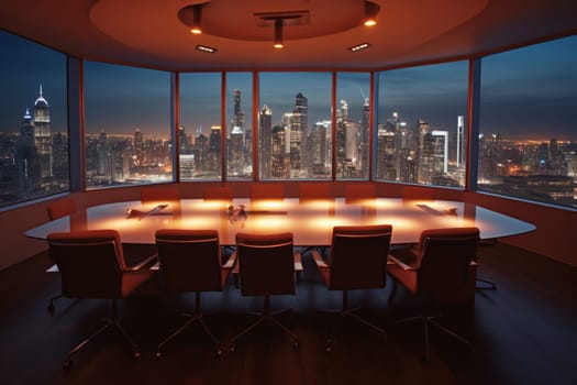The conference room is a space where business leaders come together to strategize, collaborate, and innovate. With panoramic views of the city skyline, this room is the perfect place to brainstorm big ideas and build a better future. (generative AI)