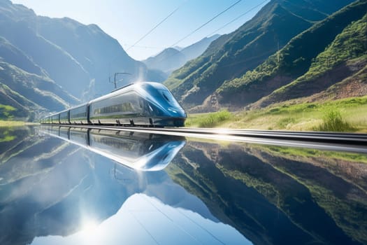 The bullet train rushes through the mountains at incredible speeds, its state-of-the-art technology making the journey smooth and efficient. The view from the train is breathtaking, with rugged mountains and deep valleys stretching for miles in every direction. (generative AI)
