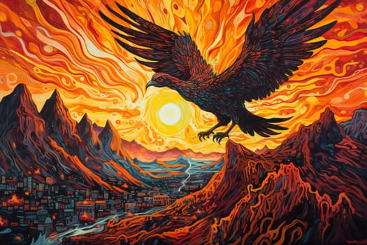 The phoenix is a symbol of rebirth and renewal, and can be seen soaring high above a fiery volcano in a mystical wasteland. The vibrant colors of the phoenix contrast beautifully with the warm, glowing lava, creating a scene that is both breathtaking and unforgettable. (generative AI)