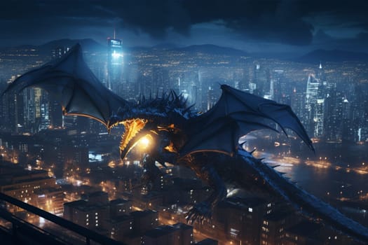 The robotic dragon takes flight over a futuristic city, its sleek mechanical form illuminated by the neon lights of skyscrapers. The scene is dynamic and high-tech, giving a glimpse into a futuristic world of dragons and technology. (generative AI)