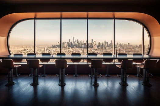 The conference room is a space where business leaders come together to strategize, collaborate, and innovate. With panoramic views of the city skyline, this room is the perfect place to brainstorm big ideas and build a better future. (generative AI)