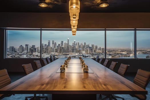 The conference room is a space where business leaders come together to strategize, collaborate, and innovate. With panoramic views of the city skyline, this room is the perfect place to brainstorm big ideas and build a better future. (generative AI)