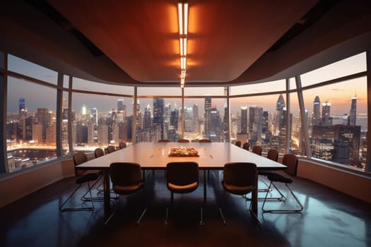 The conference room is a space where business leaders come together to strategize, collaborate, and innovate. With panoramic views of the city skyline, this room is the perfect place to brainstorm big ideas and build a better future. (generative AI)