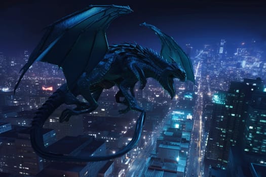 The robotic dragon takes flight over a futuristic city, its sleek mechanical form illuminated by the neon lights of skyscrapers. The scene is dynamic and high-tech, giving a glimpse into a futuristic world of dragons and technology. (generative AI)