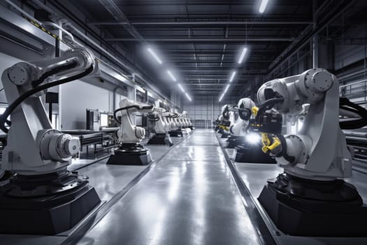In a highly advanced and efficient manufacturing plant, robots work tirelessly to produce cutting-edge technology. The futuristic environment is meticulously organized and optimized for maximum productivity and efficiency, while maintaining the highest standards of quality. (generative AI)