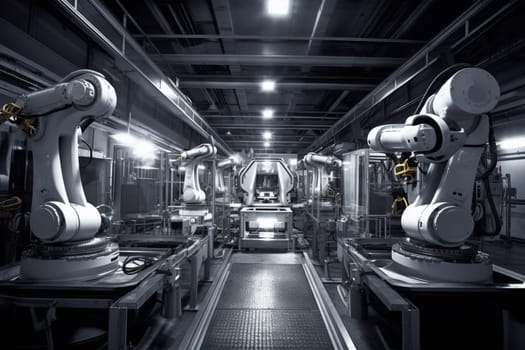 In a highly advanced and efficient manufacturing plant, robots work tirelessly to produce cutting-edge technology. The futuristic environment is meticulously organized and optimized for maximum productivity and efficiency, while maintaining the highest standards of quality. (generative AI)