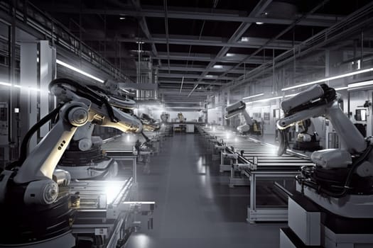 In a highly advanced and efficient manufacturing plant, robots work tirelessly to produce cutting-edge technology. The futuristic environment is meticulously organized and optimized for maximum productivity and efficiency, while maintaining the highest standards of quality. (generative AI)