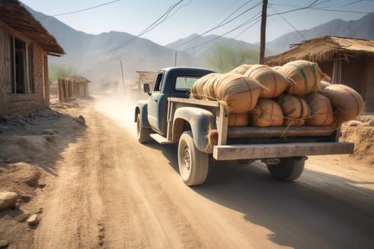 A rugged pickup truck makes its way down a dusty dirt road, hauling a load of building materials to a construction site. The truck is sturdy and reliable, with a rough and ready design that is perfect for off-road driving. The landscape is dry and arid, with distant mountains visible in the horizon. (generative AI)