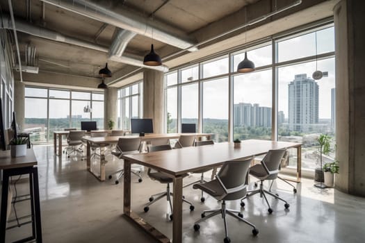 Step into the future of work with this sleek and modern coworking space. With bright and airy design, vibrant colors, and lots of natural light, this space is perfect for the modern entrepreneur. With clean and uncluttered lines, this photo scene captures the essence of modern workspace design. (generative AI)