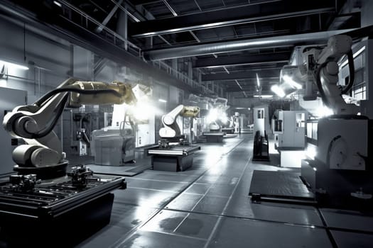 In a highly advanced and efficient manufacturing plant, robots work tirelessly to produce cutting-edge technology. The futuristic environment is meticulously organized and optimized for maximum productivity and efficiency, while maintaining the highest standards of quality. (generative AI)