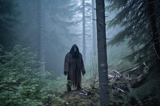 The sasquatch, a mythical creature often associated with mystery and the paranormal, is seen standing in the middle of a foggy forest. The atmosphere is eerie and mysterious, creating a sense of fear and awe in the viewer. The dark and high contrast photography adds to the sense of mystique and intrigue. (generative AI)