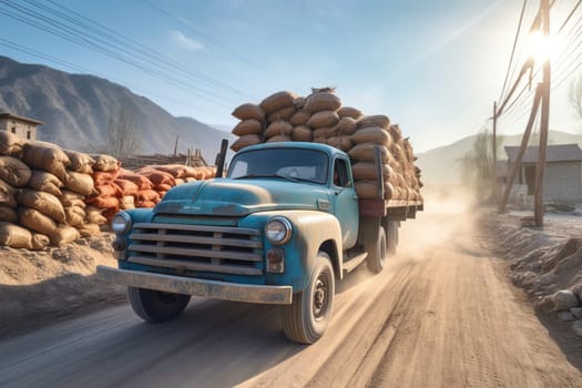 A rugged pickup truck makes its way down a dusty dirt road, hauling a load of building materials to a construction site. The truck is sturdy and reliable, with a rough and ready design that is perfect for off-road driving. The landscape is dry and arid, with distant mountains visible in the horizon. (generative AI)