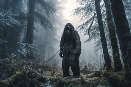The sasquatch, a mythical creature often associated with mystery and the paranormal, is seen standing in the middle of a foggy forest. The atmosphere is eerie and mysterious, creating a sense of fear and awe in the viewer. The dark and high contrast photography adds to the sense of mystique and intrigue. (generative AI)