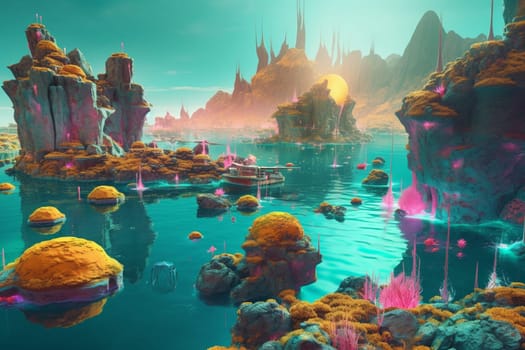This stunning sci-fi landscape features an otherworldly ocean filled with strange and exotic marine life, while floating cities hover in the distance. With neon colors and a surreal atmosphere, this is a truly unique and imaginative landscape that is sure to impress. (generative AI)