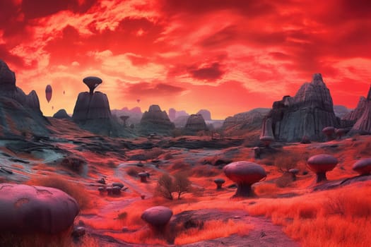 This alien landscape is straight out of a sci-fi movie, with towering mushroom-like formations and an ominous red sky. The surreal and dramatic atmosphere is created by the high contrast and panoramic view of the scene, while the extraterrestrial quality adds an extra touch of mystery. (generative AI)