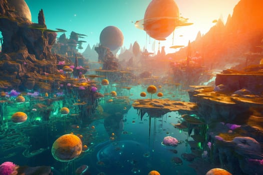 This stunning sci-fi landscape features an otherworldly ocean filled with strange and exotic marine life, while floating cities hover in the distance. With neon colors and a surreal atmosphere, this is a truly unique and imaginative landscape that is sure to impress. (generative AI)