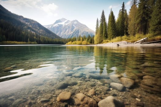 This natural and peaceful lake landscape is surrounded by dense forests and soaring mountains capped with snow. The serene atmosphere is enhanced by the warm tones and soft focus, creating a sense of calm and tranquility. (generative AI)