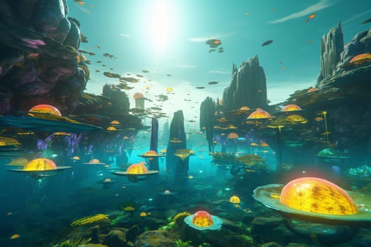 This stunning sci-fi landscape features an otherworldly ocean filled with strange and exotic marine life, while floating cities hover in the distance. With neon colors and a surreal atmosphere, this is a truly unique and imaginative landscape that is sure to impress. (generative AI)