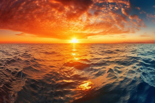 As the sun sinks below the horizon, the sky ignites into a blaze of warm hues of orange and red. The ocean reflects these colors, creating a serene and peaceful scene. Soft waves lap against the shore as the sky darkens into the night. (generative AI)