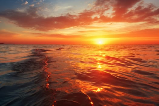 As the sun sinks below the horizon, the sky ignites into a blaze of warm hues of orange and red. The ocean reflects these colors, creating a serene and peaceful scene. Soft waves lap against the shore as the sky darkens into the night. (generative AI)