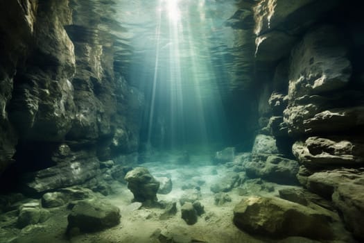 Experience the tranquility of a serene underwater canyon, where gentle currents softly push you along. The photorealistic rendering captures the serene beauty of this tranquil landscape, while the soft focus adds to the peaceful atmosphere. (generative AI)
