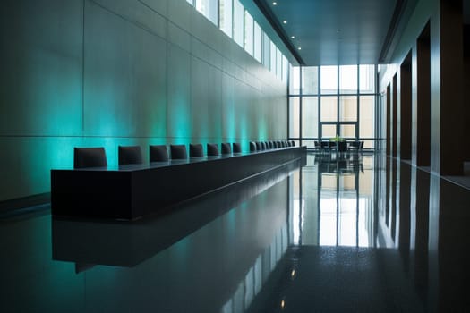 This office lobby is the epitome of class and sophistication. The impressive water feature adds a touch of tranquility while the modern furniture and minimalist design convey an image of professionalism and success. (generative AI)