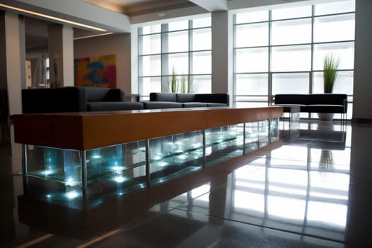 This office lobby is the epitome of class and sophistication. The impressive water feature adds a touch of tranquility while the modern furniture and minimalist design convey an image of professionalism and success. (generative AI)