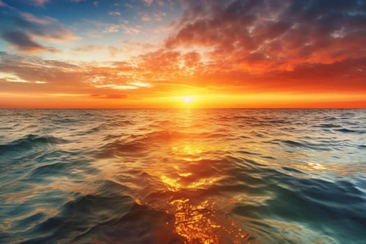 As the sun sinks below the horizon, the sky ignites into a blaze of warm hues of orange and red. The ocean reflects these colors, creating a serene and peaceful scene. Soft waves lap against the shore as the sky darkens into the night. (generative AI)
