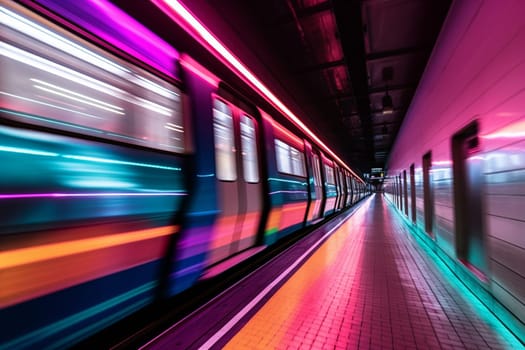 A futuristic subway train races through a darkened tunnel, its sleek lines gleaming in the colorful light display that surrounds it. Passengers ride in comfort and style, lulled by the smooth hum of the train as it speeds through the underground maze. (generative AI)