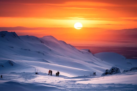 Standing at the peak of a snow-covered mountain, a group of skiers soak up the vibrant colors of a stunning sunset. The warm oranges and pinks of the sun contrast beautifully with the cool, snowy landscape, creating a dramatic and awe-inspiring scene. With the adrenaline of skiing amid such incredible beauty, this scene evokes feelings of exhilaration, adventure, and accomplishment. (generative AI)