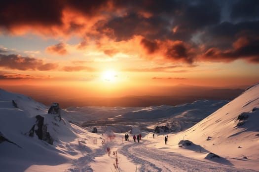 Standing at the peak of a snow-covered mountain, a group of skiers soak up the vibrant colors of a stunning sunset. The warm oranges and pinks of the sun contrast beautifully with the cool, snowy landscape, creating a dramatic and awe-inspiring scene. With the adrenaline of skiing amid such incredible beauty, this scene evokes feelings of exhilaration, adventure, and accomplishment. (generative AI)