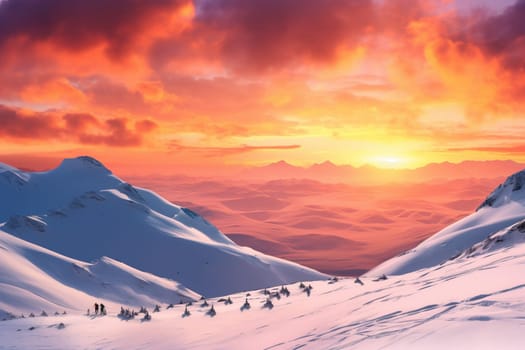 Standing at the peak of a snow-covered mountain, a group of skiers soak up the vibrant colors of a stunning sunset. The warm oranges and pinks of the sun contrast beautifully with the cool, snowy landscape, creating a dramatic and awe-inspiring scene. With the adrenaline of skiing amid such incredible beauty, this scene evokes feelings of exhilaration, adventure, and accomplishment. (generative AI)