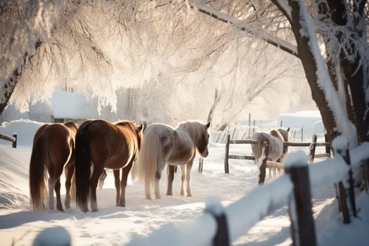 In a pristine, snowy landscape, a group of horses gather in the foreground, steam rising from their nostrils. The white and brown of the horses contrast with the snowy landscape, creating a timeless and dreamy atmosphere. This scene evokes feelings of coziness, warmth, peace, majesty, and nostalgia. (generative AI)