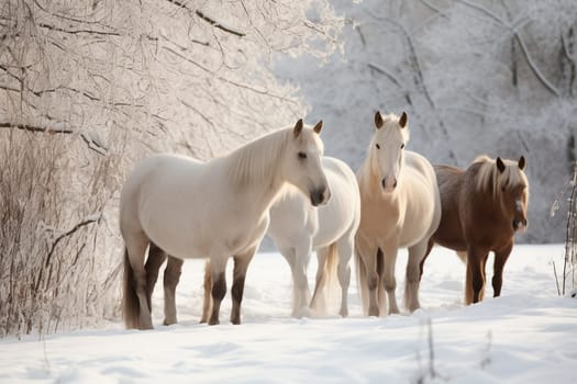 In a pristine, snowy landscape, a group of horses gather in the foreground, steam rising from their nostrils. The white and brown of the horses contrast with the snowy landscape, creating a timeless and dreamy atmosphere. This scene evokes feelings of coziness, warmth, peace, majesty, and nostalgia. (generative AI)