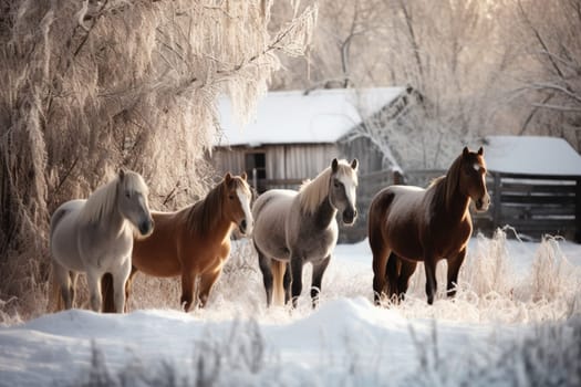 In a pristine, snowy landscape, a group of horses gather in the foreground, steam rising from their nostrils. The white and brown of the horses contrast with the snowy landscape, creating a timeless and dreamy atmosphere. This scene evokes feelings of coziness, warmth, peace, majesty, and nostalgia. (generative AI)