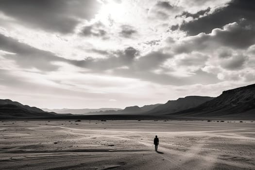 The desert landscape stretches out for miles, a vast expanse of sand and heat with no signs of life for as far as the eye can see. The solitary figure standing in front of it accentuates the loneliness and isolation of the environment, with the monochrome black and white adding a sense of minimalist clarity. This scene embodies the feeling of being alone in the midst of an unrelenting and unforgiving environment. (generative AI)