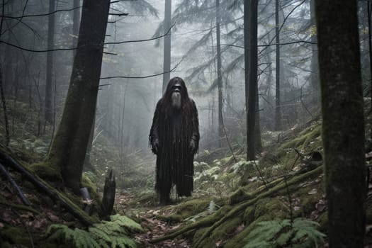 The sasquatch, a mythical creature often associated with mystery and the paranormal, is seen standing in the middle of a foggy forest. The atmosphere is eerie and mysterious, creating a sense of fear and awe in the viewer. The dark and high contrast photography adds to the sense of mystique and intrigue. (generative AI)