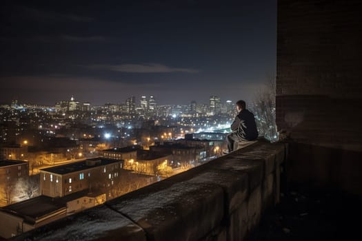 A lone figure sits on a high ledge, gazing out over the sprawling city below. The moody and dark atmosphere creates a contemplative and reflective mood, inducing a sense of peaceful stillness. The twinkling lights of the city add to the serene atmosphere, making this scene perfect for introspective thought. (generative AI)