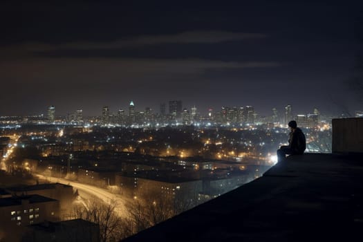 A lone figure sits on a high ledge, gazing out over the sprawling city below. The moody and dark atmosphere creates a contemplative and reflective mood, inducing a sense of peaceful stillness. The twinkling lights of the city add to the serene atmosphere, making this scene perfect for introspective thought. (generative AI)