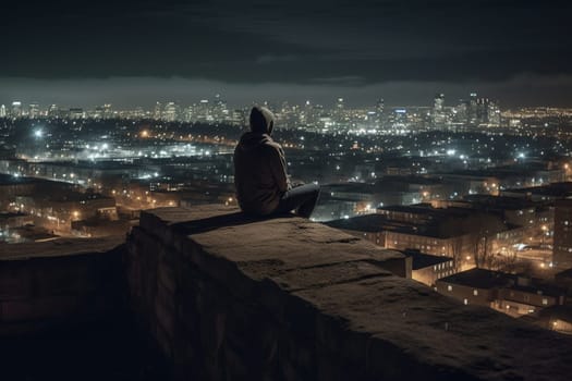 A lone figure sits on a high ledge, gazing out over the sprawling city below. The moody and dark atmosphere creates a contemplative and reflective mood, inducing a sense of peaceful stillness. The twinkling lights of the city add to the serene atmosphere, making this scene perfect for introspective thought. (generative AI)