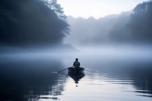 A solitary figure rows a small boat across a peaceful and misty lake, the sound of gentle waters lapping at the sides. The scene is tranquil and serene, with the mist adding to the sense of calm and quiet reflection. This scene can evoke feelings of inner peace, meditation, and connection with nature. (generative AI)