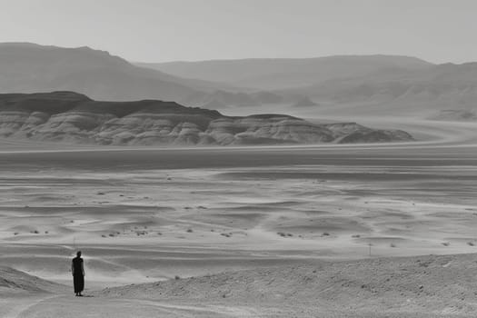 The desert landscape stretches out for miles, a vast expanse of sand and heat with no signs of life for as far as the eye can see. The solitary figure standing in front of it accentuates the loneliness and isolation of the environment, with the monochrome black and white adding a sense of minimalist clarity. This scene embodies the feeling of being alone in the midst of an unrelenting and unforgiving environment. (generative AI)