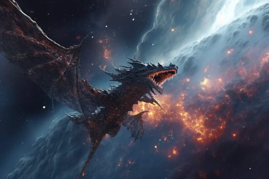 This scene depicts a space dragon flying over a nebula, creating an ethereal and cosmic atmosphere. The mystical and sci-fi elements of the scene add to its overall fantasy feel. (generative AI)