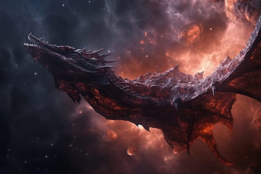 This scene depicts a space dragon flying over a nebula, creating an ethereal and cosmic atmosphere. The mystical and sci-fi elements of the scene add to its overall fantasy feel. (generative AI)