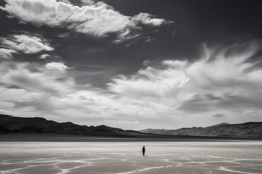 The desert landscape stretches out for miles, a vast expanse of sand and heat with no signs of life for as far as the eye can see. The solitary figure standing in front of it accentuates the loneliness and isolation of the environment, with the monochrome black and white adding a sense of minimalist clarity. This scene embodies the feeling of being alone in the midst of an unrelenting and unforgiving environment. (generative AI)