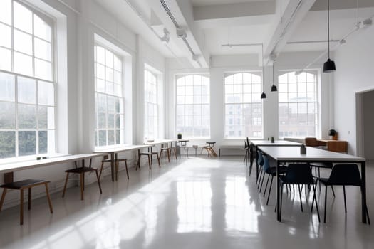 Step into the future of work with this sleek and modern coworking space. With bright and airy design, vibrant colors, and lots of natural light, this space is perfect for the modern entrepreneur. With clean and uncluttered lines, this photo scene captures the essence of modern workspace design. (generative AI)