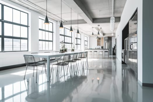 Step into the future of work with this sleek and modern coworking space. With bright and airy design, vibrant colors, and lots of natural light, this space is perfect for the modern entrepreneur. With clean and uncluttered lines, this photo scene captures the essence of modern workspace design. (generative AI)