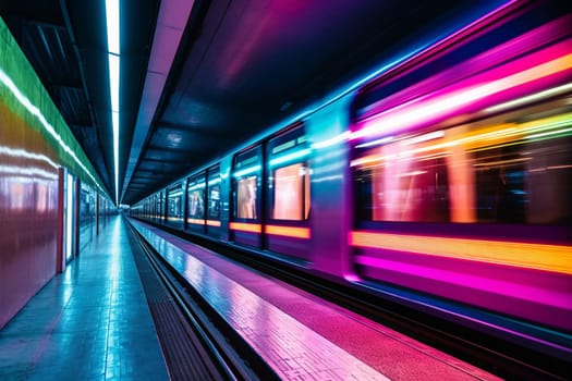 A futuristic subway train races through a darkened tunnel, its sleek lines gleaming in the colorful light display that surrounds it. Passengers ride in comfort and style, lulled by the smooth hum of the train as it speeds through the underground maze. (generative AI)