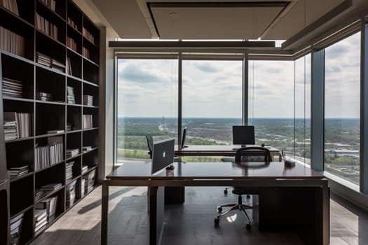 The sleek and modern world of the office is on display in this workspace scene. The high contrast and vibrant colors create a dynamic environment, while the expansive view provides an inspiring backdrop for those hard at work. (generative AI)