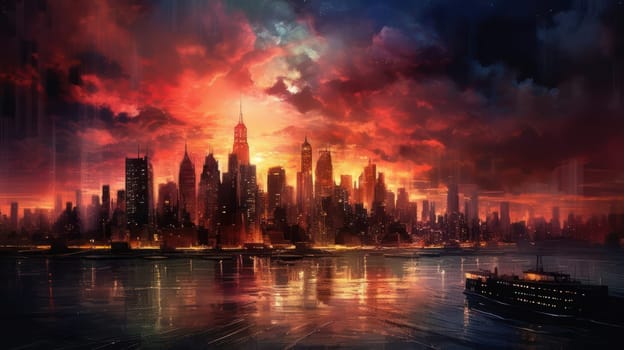 City skyline at a coast on sunset
